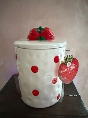Strawberry Ceramic Canister with Red Polka Dots